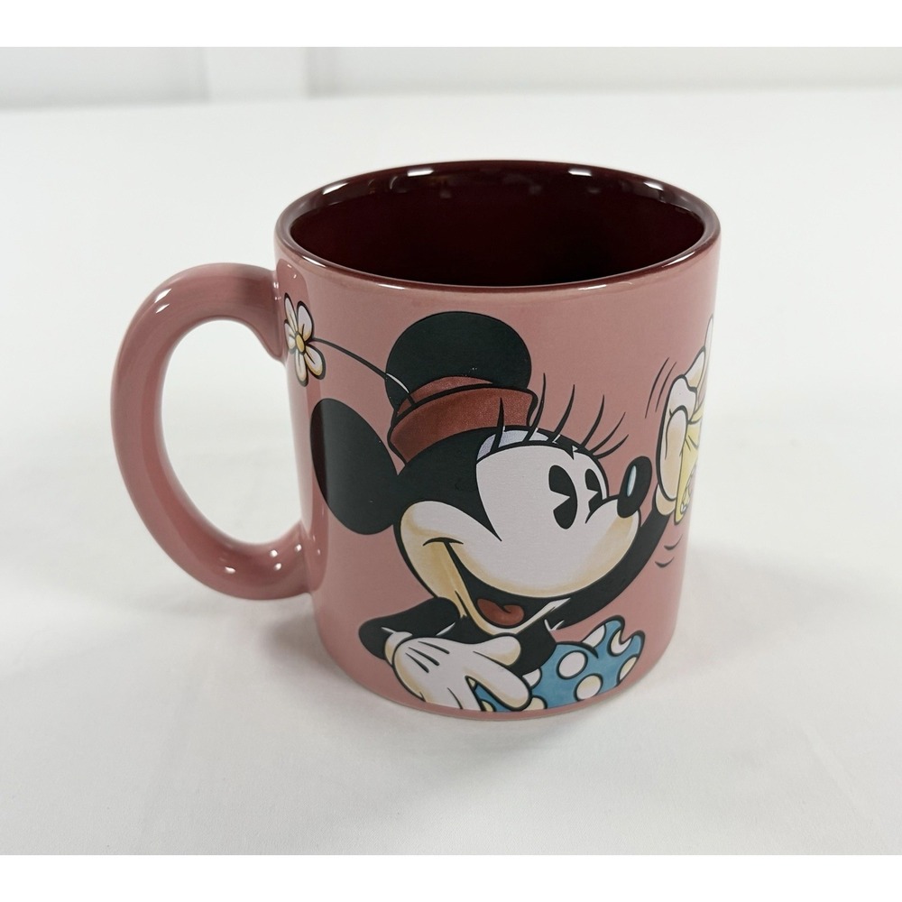 Disney Minnie Mouse Pink Ceramic Coffee Mug Flower Hat Polka Dot Skirt Retro Cup